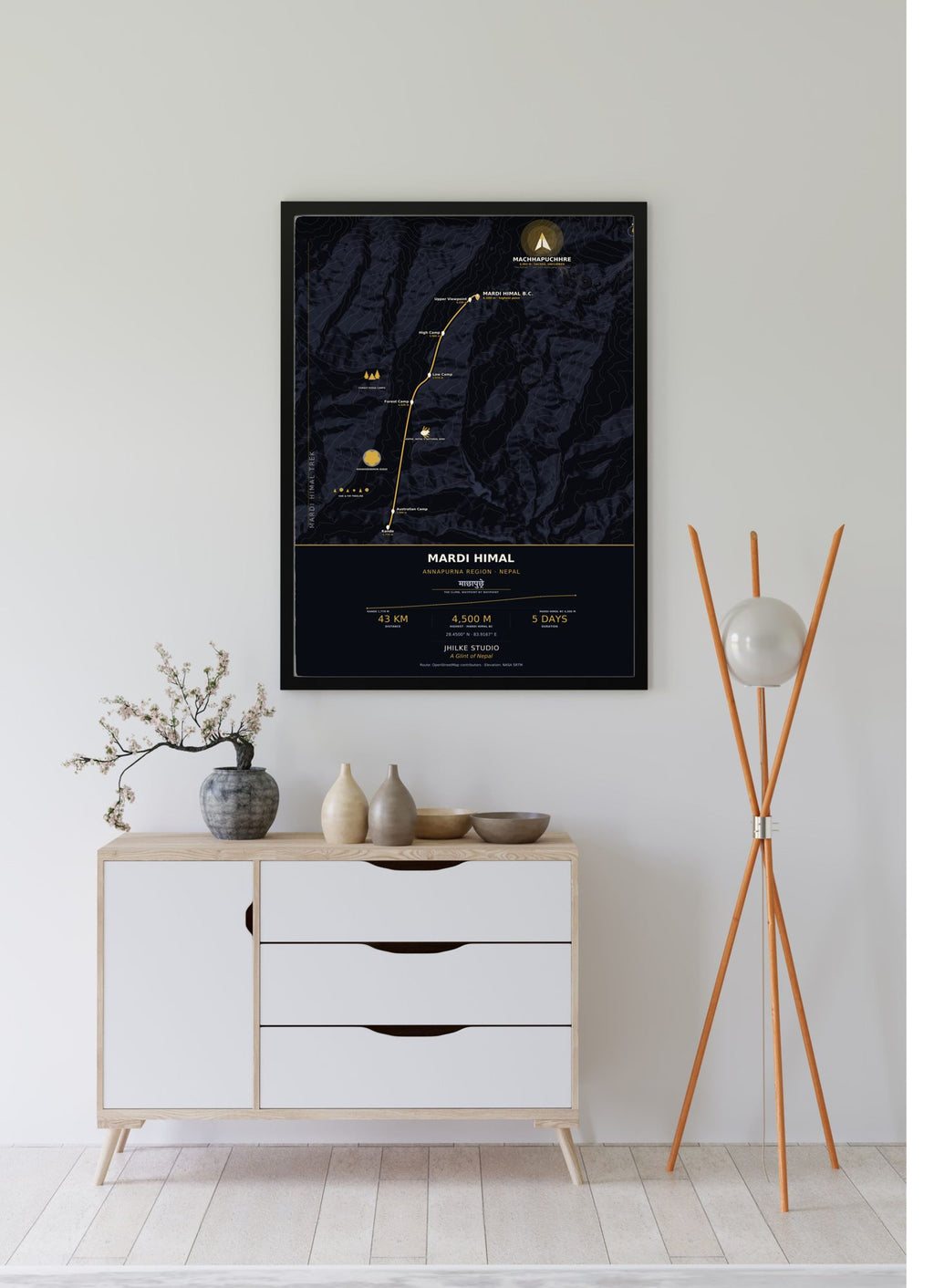 Mardi Himal Trek Map Print (dark) — framed poster, third scene