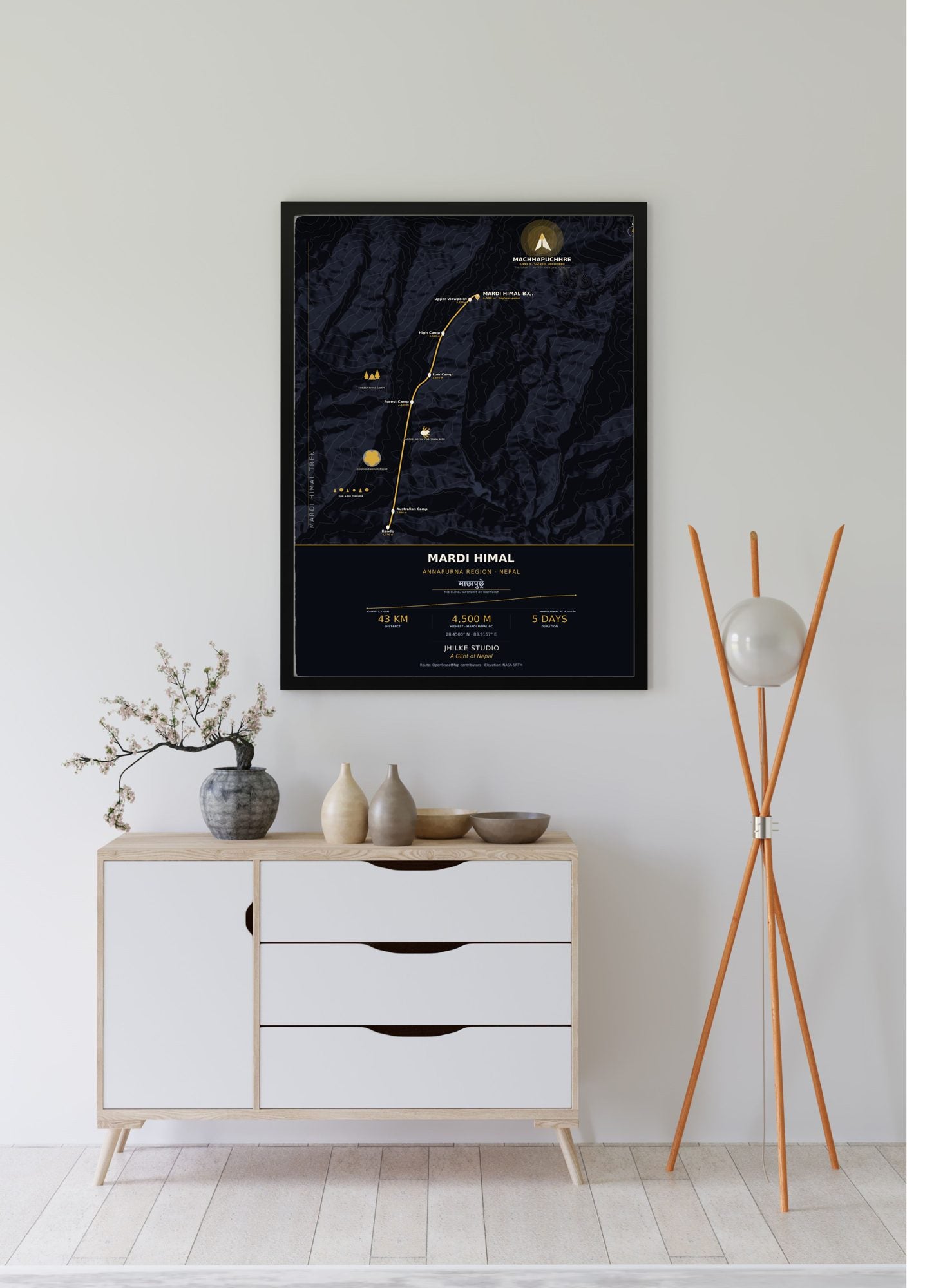 Mardi Himal Trek Map Print (dark) — framed poster, third scene