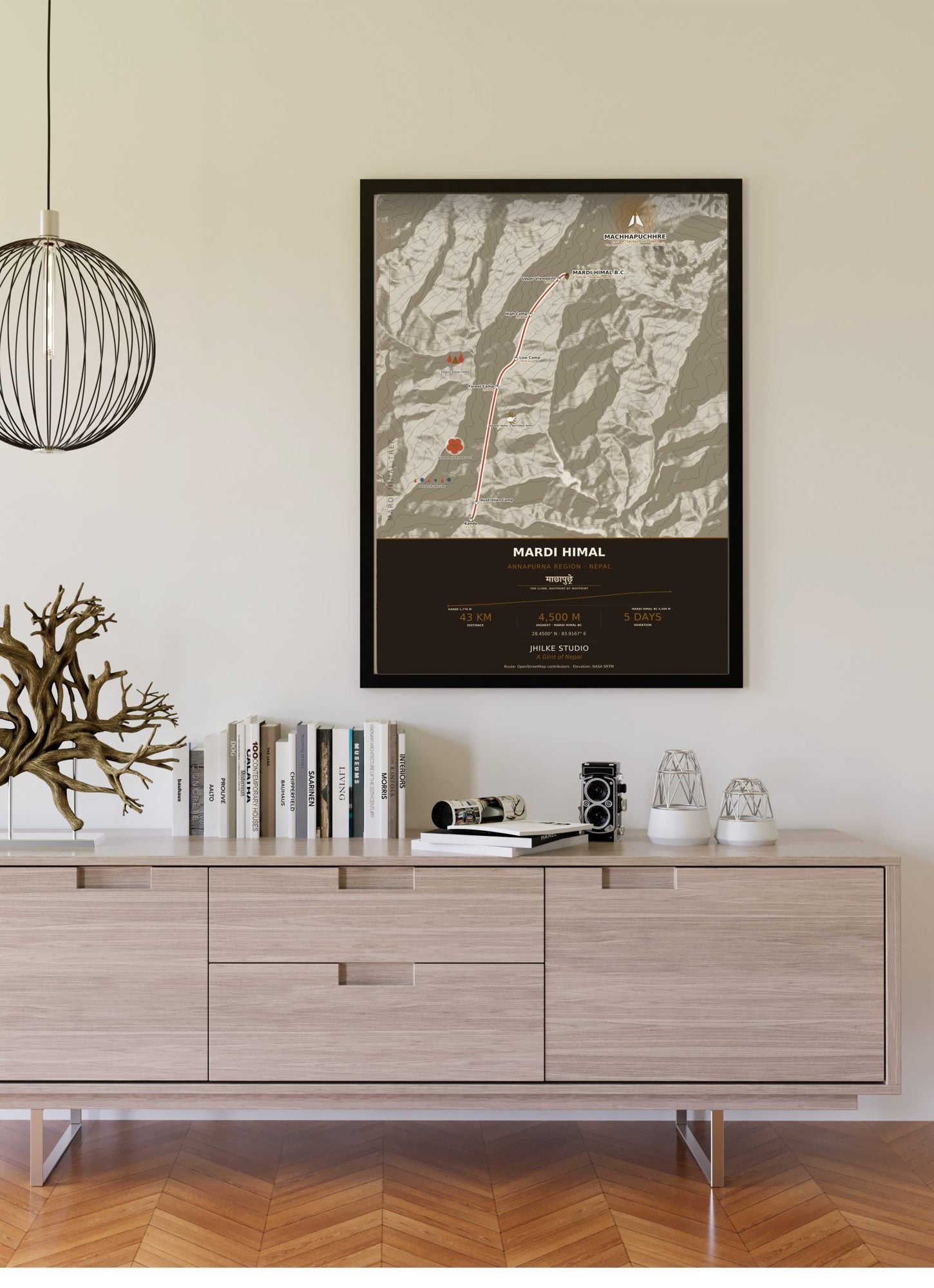 Mardi Himal Trek Map Print (light) — framed poster on wall