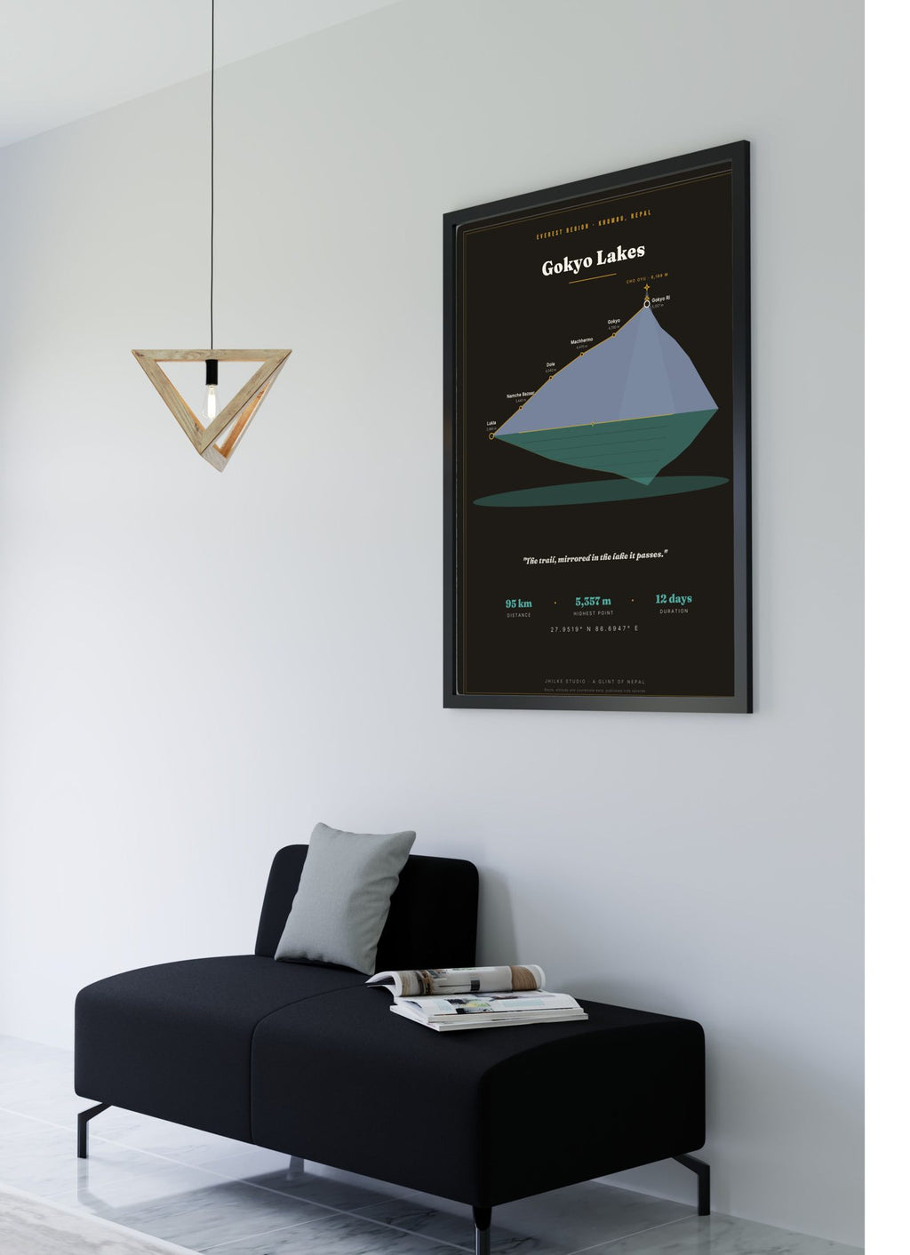 Gokyo Lakes Trek Map Print (dark) — framed poster, second scene