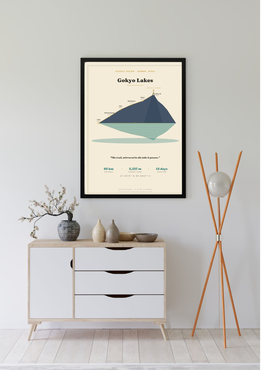 Gokyo Lakes Trek Map Print (light) — framed poster, third scene