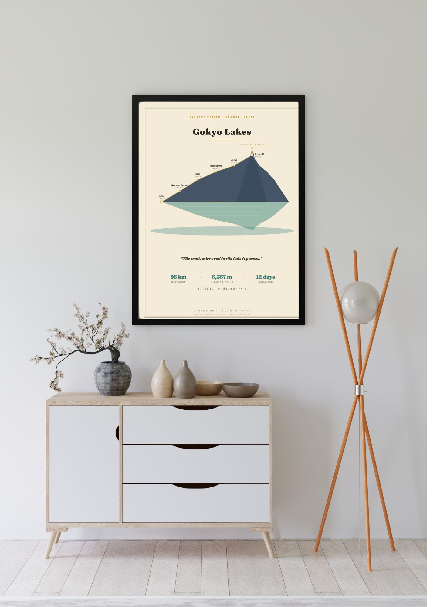 Gokyo Lakes Trek Map Print (light) — framed poster, third scene