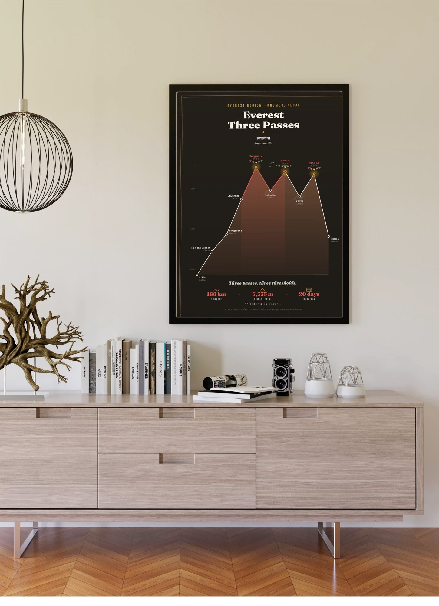Everest Three Passes Trek Map Print (dark) — framed poster on wall