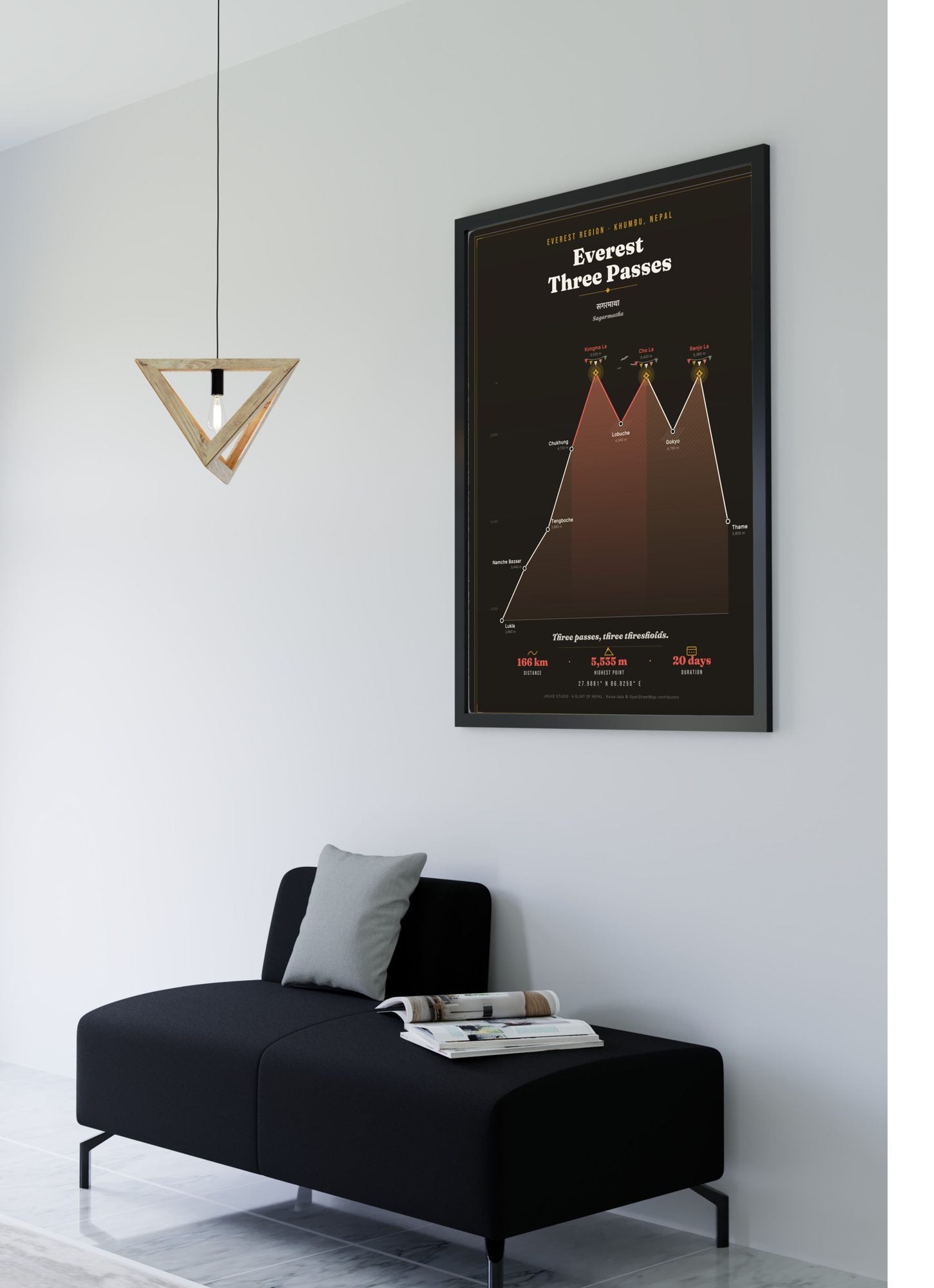 Everest Three Passes Trek Map Print (dark) — framed poster, second scene
