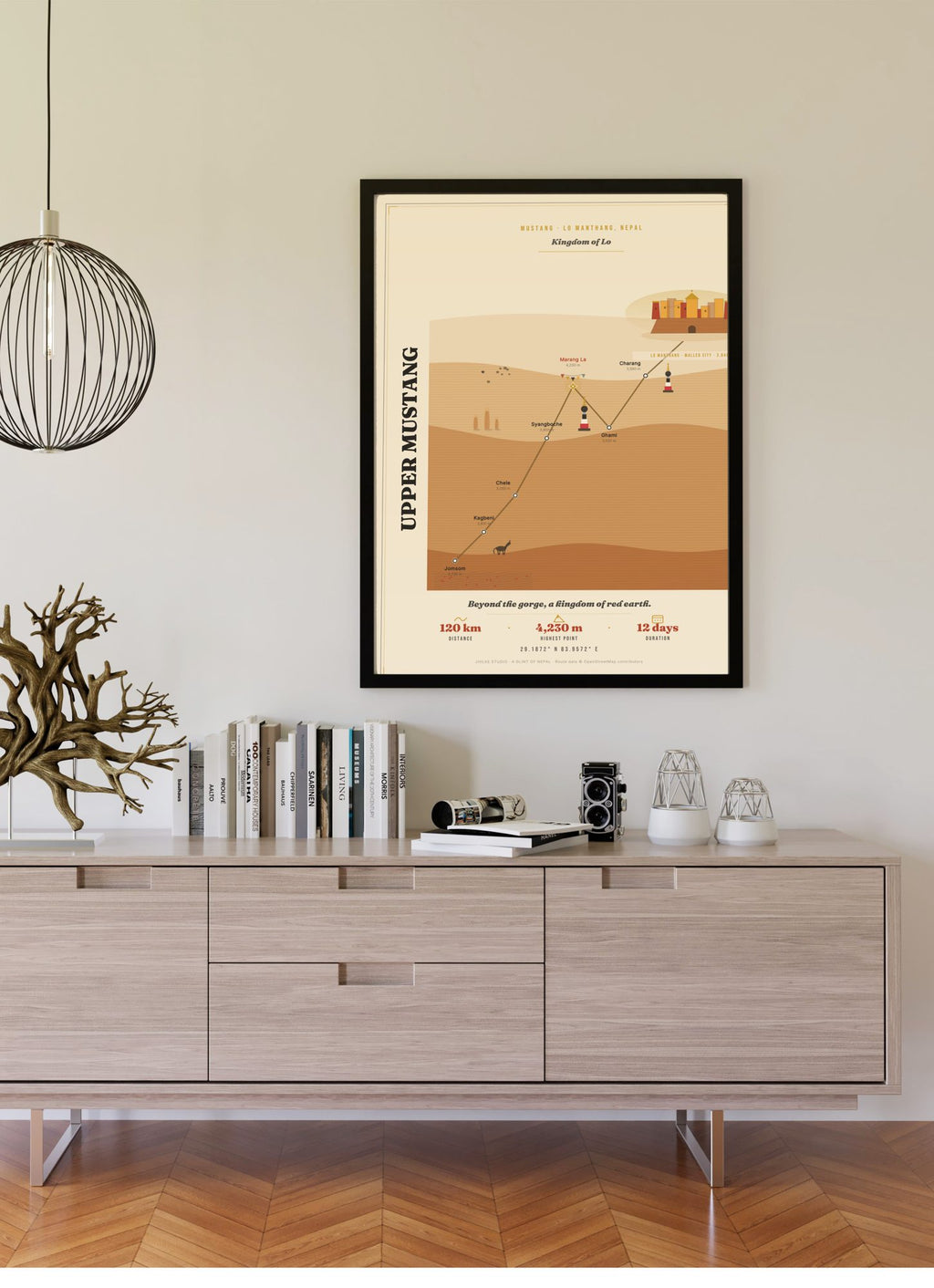 Upper Mustang Trek Map Print (light) — framed poster on wall
