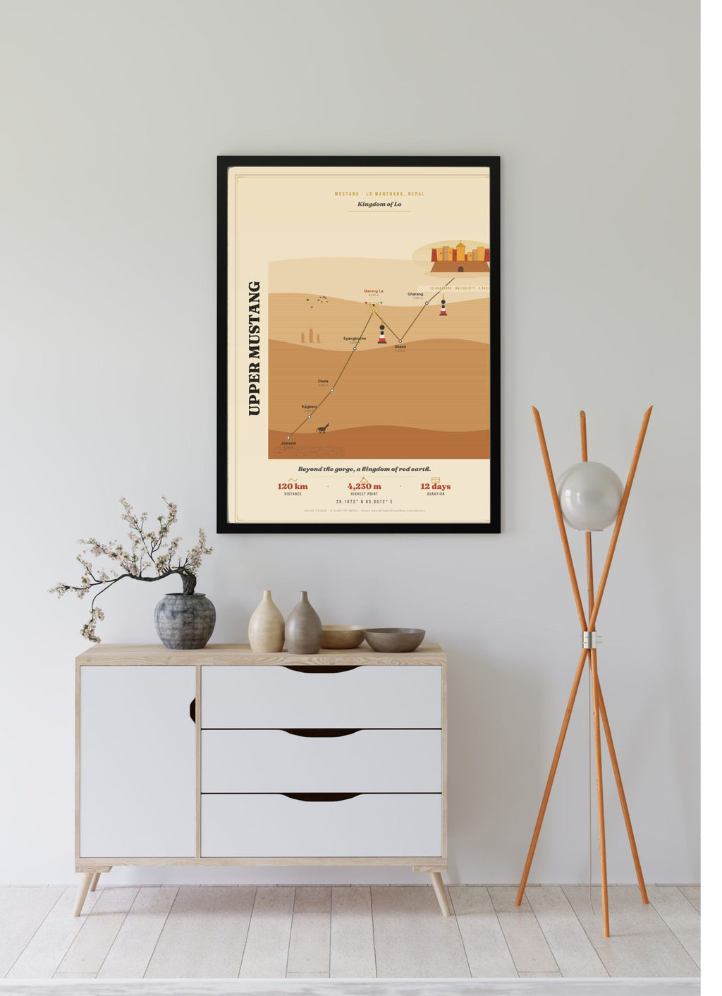 Upper Mustang Trek Map Print (light) — framed poster, third scene