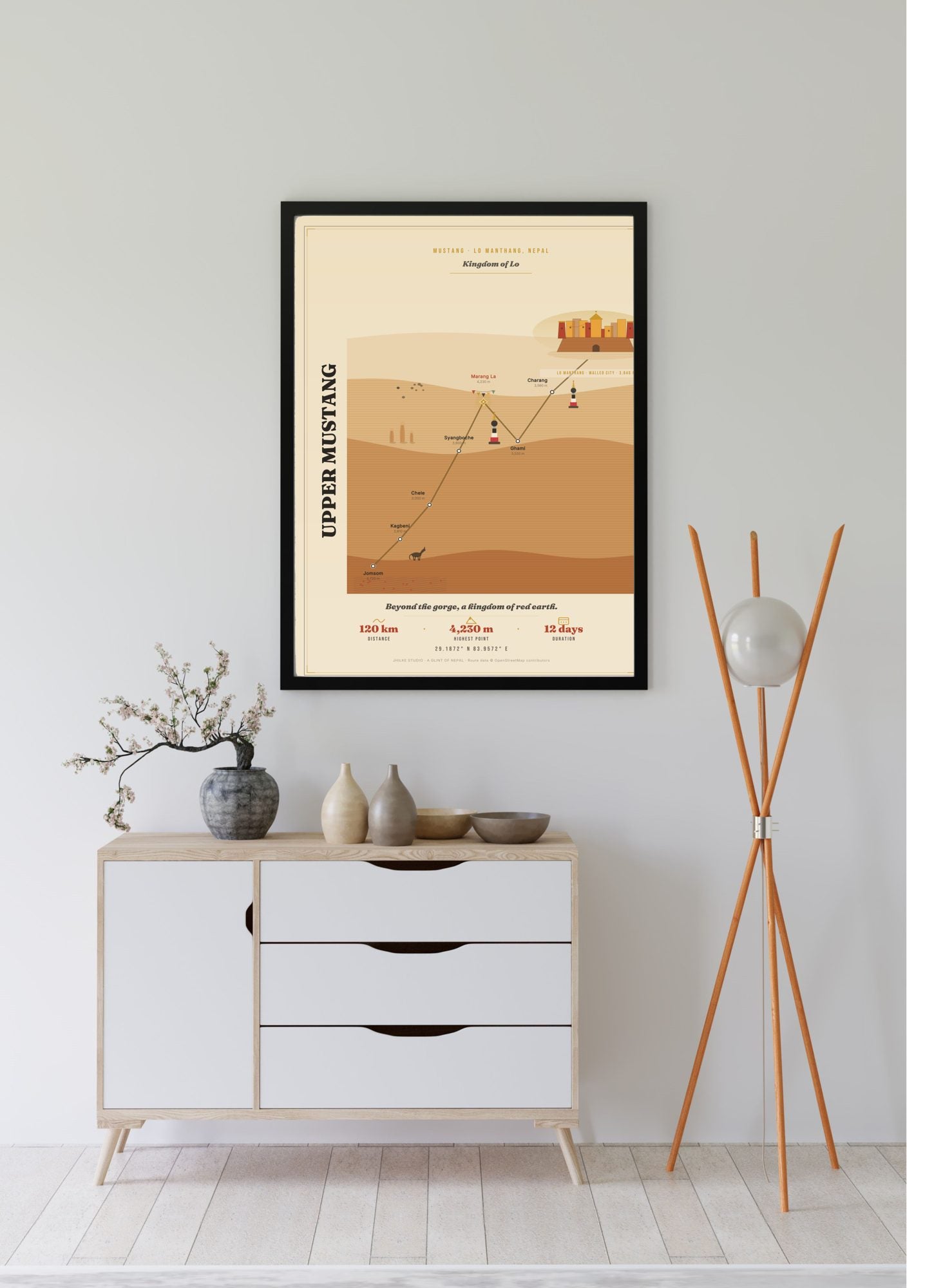 Upper Mustang Trek Map Print (light) — framed poster, third scene
