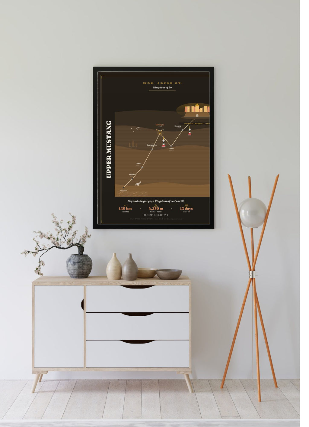 Upper Mustang Trek Map Print (dark) — framed poster, third scene