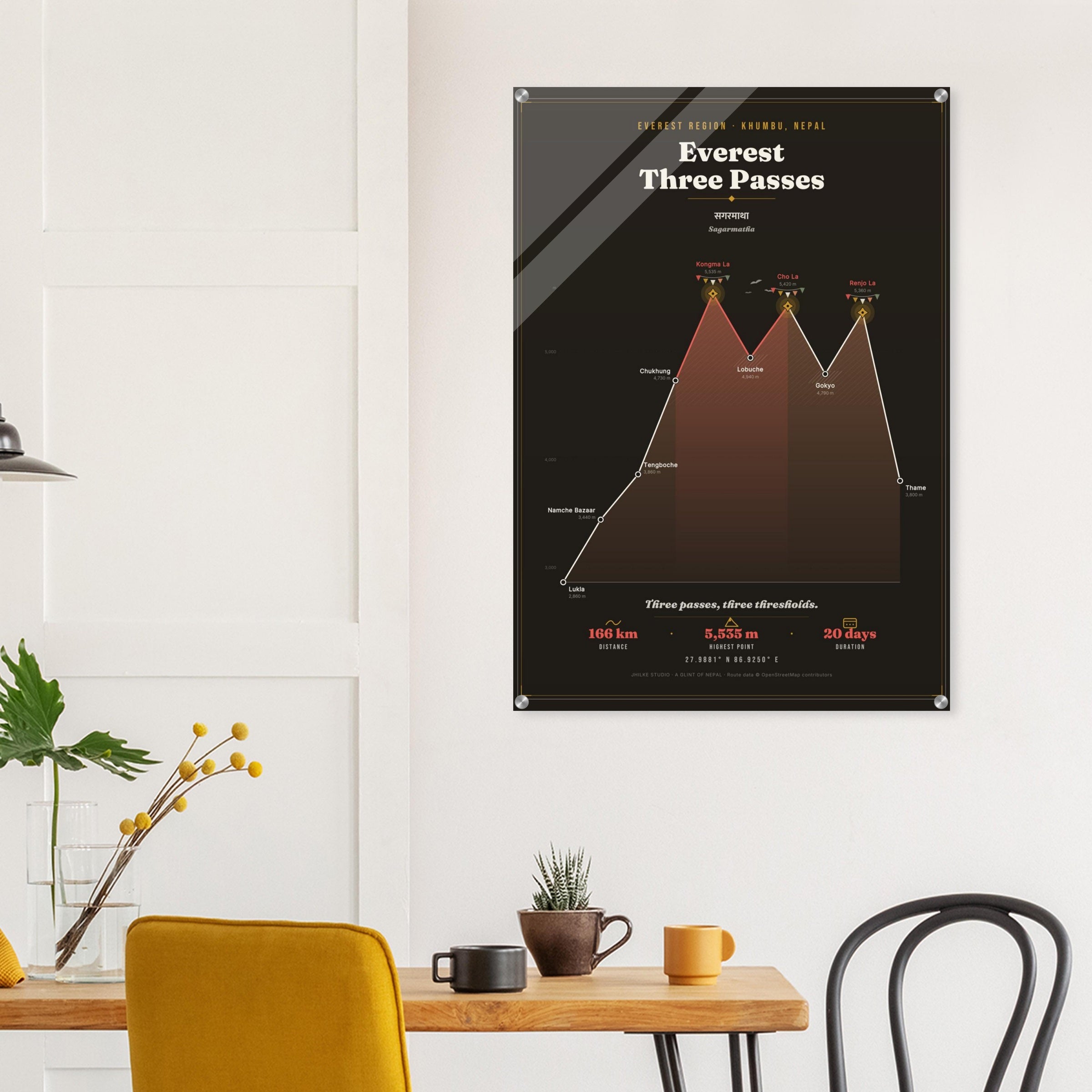 Everest Three Passes trek map print in a living room
